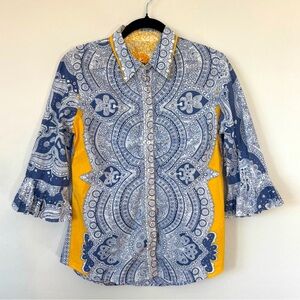 Robert Graham Blue Yellow Silver Embroidered Paisley Floral Button Up Blouse S